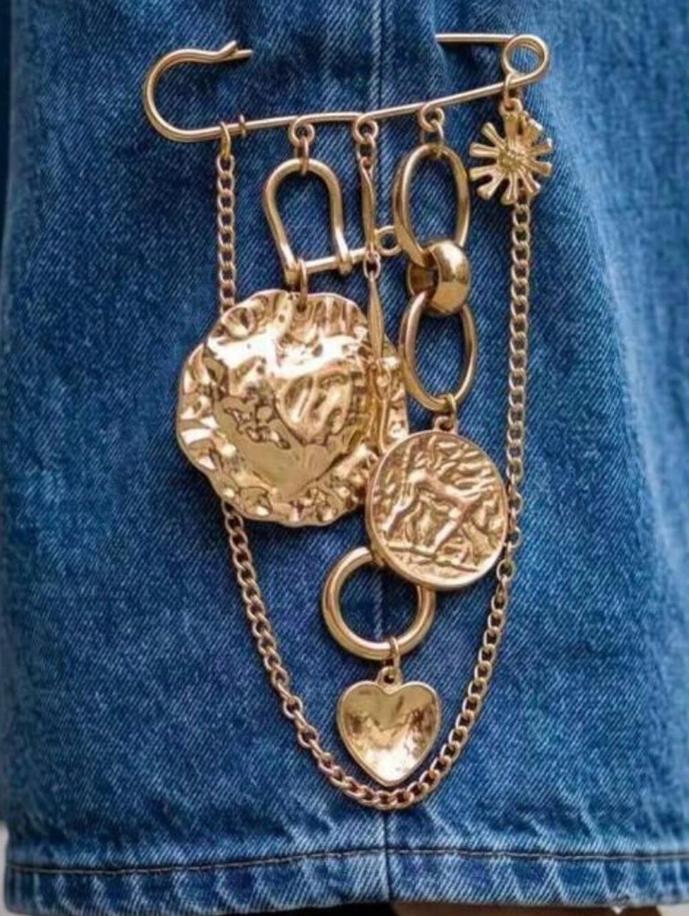 Gold Multi-Charm Coin & Chain Brooch